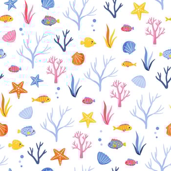 Cute marine pattern with colorful seaweed, fish and shells on a white background vector