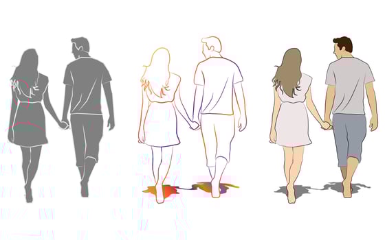 A couple holding hands and walking together. Line art. vector