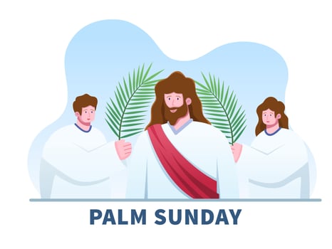 Illustration Christian religion holiday Palm Sunday before Easter Celebration with Jesus enter to Jerusalem and people welcome with palm leaves. Can be use for greeting card, postcard, banner, poster vector