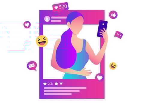 Beautiful woman holding smartphone with social media icons. Influencer social media marketing, blogger, vlogging, social influencer and influencer marketing concept vector illustration