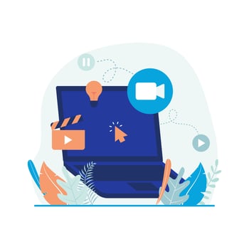 Videography, video editing, editor vector illustration. Laptop with video camera and cinema icon. Flat design suitable for many purposes.