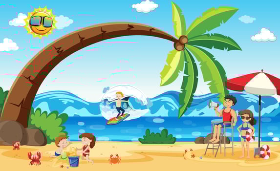 children playing at beach in summer vector