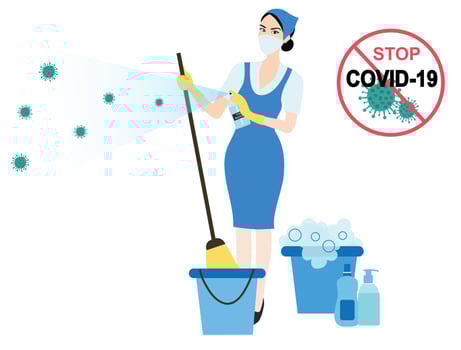 Housekeeping applying alcohol spray hygiene sanitizing to stop COVID-19 coronavirus disease outbreak vector illustration