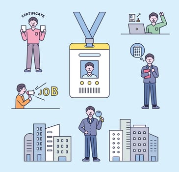 The process of a man searching for a company, applying for a job, and getting a job. vector