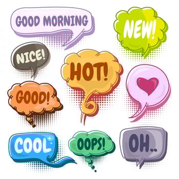 Set of nine different, colorful stickers at colorful comic strip. doodle speech bubbles with morning, new, nice, good, hot, love, cool, oh. vector