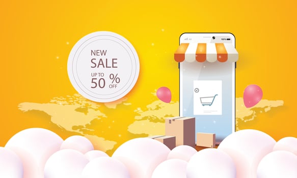 paper art shopping online on smartphone and new buy sale promotion pink backgroud for banner market ecommerce women concept. vector