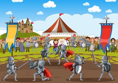 Outdoor scene with medieval knights with villagers vector