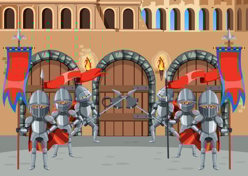 Middle ages with medieval knights in cartoon style vector