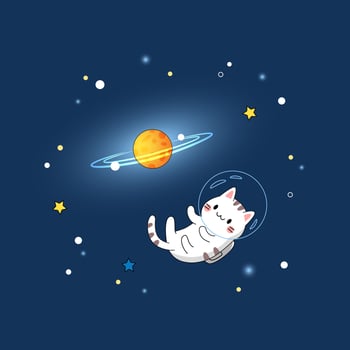A cute cat astronaut flies in space and explores new planets and stars. Vector cartoon kawaii illustration