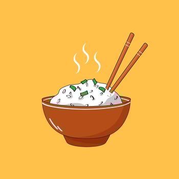 Hot steamed rice in brown bowl with chopsticks isolated on white background. Vector cartoon illustration for menu, icons