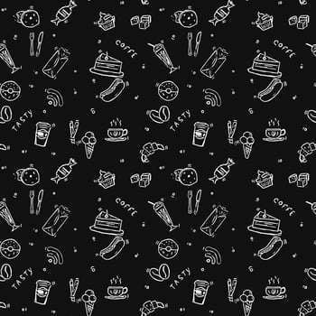 Seamless cafe vector pattern. Doodle vector with cafe icons on black background. Vintage coffe shop icons,sweet elements background for your project, menu, cafe shop.