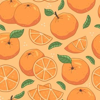 Seamless fruit pattern with oranges and leaves on an orange background. Vector illustration background.