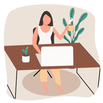 woman holding a cup of coffee and work at home vector