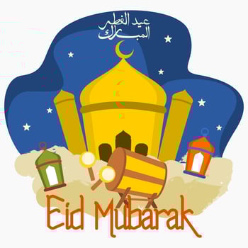 Editable Mosque with Arab Lanterns, Traditional Drum and ARABIC CALLIGRAPHY SCRIPT OF EID AL-FITR AL-MUBARAK on Night Scene Vector Illustration for Islamic Moments Design Concept
