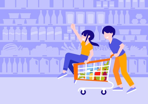 Couple of young people have fun in supermarket carrying a girl on shopping cart by a man flat cartoon illustration vector
