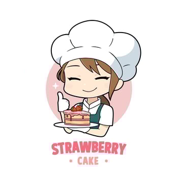 Cute bakery chef girl cartoon holding a strawberry cake mascot logo character vector