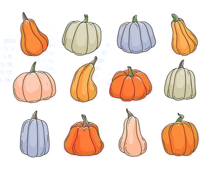Multicolored pumpkins cartoon doodle set. Contour cute vector illustration isolated on background.