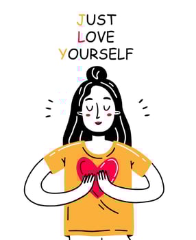 Happy girl holding a heart in the rock with the inscription just love yourself. Vector illustration with self-love character.