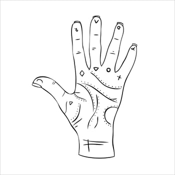 Hand reading is a concept of palmistry. Hand with signs vector illustration