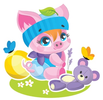 A cute little pig sits on the lawn and plays with toys. Children's preschool illustration. vector