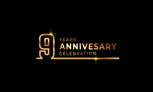 9 Year Anniversary Celebration Logotype with Golden Colored Font Numbers Made of One Connected Line for Celebration Event, Wedding, Greeting card, and Invitation Isolated on Dark Background vector