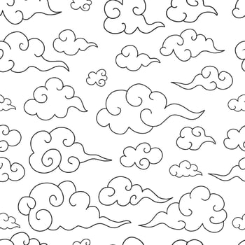 Seamless pattern with traditional oriental swirled clouds in black outline on white background. Vector minimalist asian background for greeting card. Mid Autumn festival, AAPI heritage month.