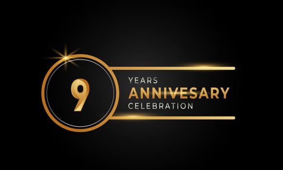 9 Year Anniversary Celebration Golden and Silver Color with Circle Ring for Celebration Event, Wedding, Greeting card, and Invitation Isolated on Black Background vector