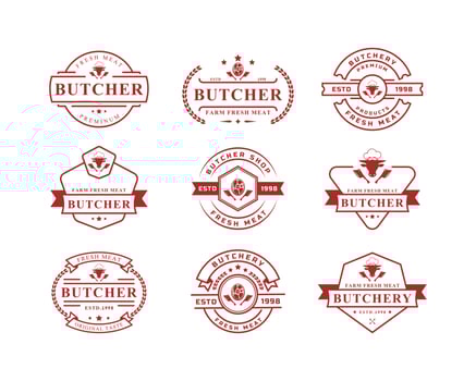 Set of Vintage Retro Butcher shop Vector Illustration Good for Farm or Restaurant Badges with Animals and Meat Silhouettes Typography Emblems Logo Design