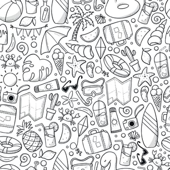 Summer seamless pattern with sketched monochrome doodles. Good for coloring pages, wrapping paper, packaging, backgrounds, wallpaper, textile prints, etc. EPS 10 vector