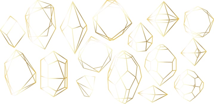 Vector set of golden luxury crystal diamonds shapes.Border Collection for Card.Geometric Premium Glitter Background, Polygon mosaic shape amethyst gem quartz stone line art style