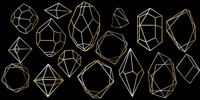 Vector set of golden luxury crystal diamonds shapes.Border Collection for Card.Geometric Premium Glitter Background, Polygon mosaic shape amethyst gem quartz stone line art style