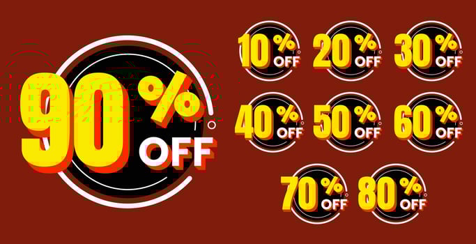 Discount set vector template, 10, 20, 30, 40, 50, 60, 70, 80, 90 percent off illustration yellow text color and red background with 3D Style Shadow