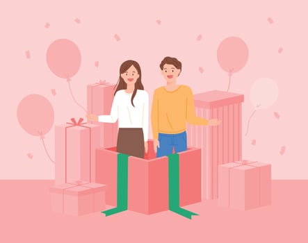 A man and a woman popped out of a large gift box. Gift boxes are stacked in the background. vector