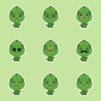 cute and kawaii artichoke cartoon character flat design, vitamins, vegetables, healthy food, nutrients, diet. Vitamins and minerals. Health benefits of artichoke. Funny character. vector