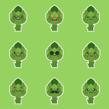 cute and kawaii artichoke Cartoon Vegetable Food Character Emoji Vector Illustration. healthy food, nutrients, diet. Vitamins and minerals. Health benefits of vegetable. Funny character.