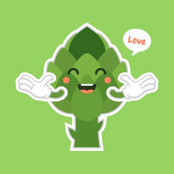 cute and kawaii artichoke Cartoon Vegetable Food Character Emoji Vector Illustration. healthy food, nutrients, diet. Vitamins and minerals. Health benefits of vegetable. Funny character.