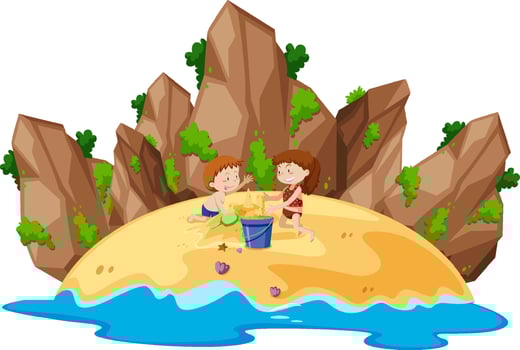 Kids building sand castle on the island vector