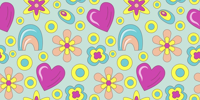 Groovy pattern in doodle style on colorful background. 70s retro floral seamless pattern with heart and rainbow. Simple vector groovy illustration