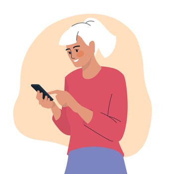 People with phone. A woman is typing a message on the phone. The girl is holding a smartphone in her hands. Vector image.