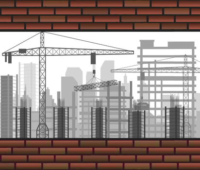 Construction crane building between two brick walls vector
