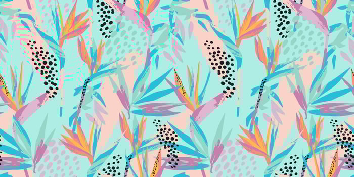 Abstract art seamless pattern with tropical leaves and flowers. Modern exotic design vector
