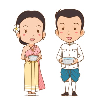 Cute couple cartoon holding water bowl in Songkran festival, Thailand. vector