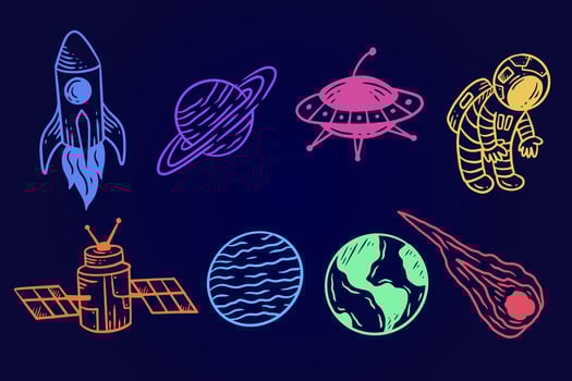 Set Collection Planetary Space Galaxy planets Cartoon astronaut Hand Drawn colorful doodle flat art vector