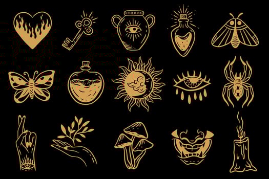 Set Collection Magical Celestial Element Dark Holly Doodle esoteric spiritual occultism vintage boho line hand drawn vector