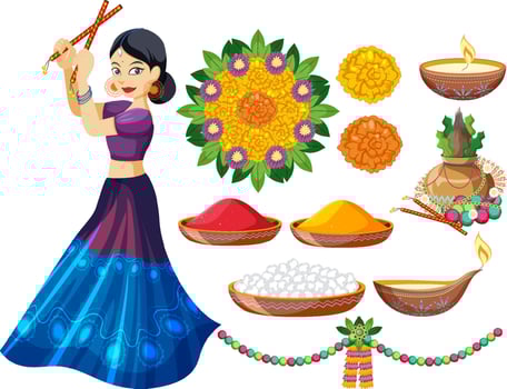 Indian festival elements with god and offerings vector