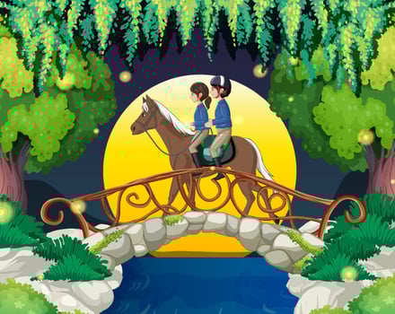 A scene of couple riding on a horse at night vector