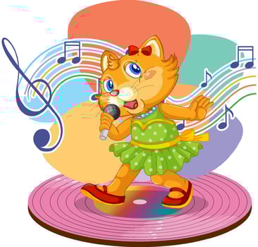 Singer cat cartoon with music melody symbols vector