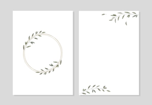 Modern wedding invitation template in minimalistic, rustic and watercolor style. Card design with frame, watercolor leaves and branches. Vector