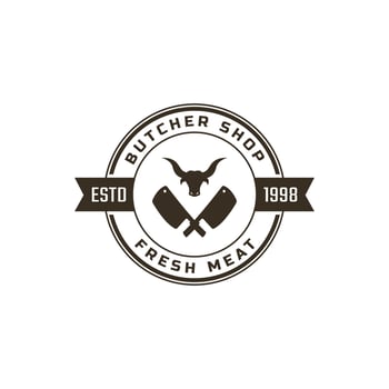 Butcher Symbol with Cleaver and Cow's Head Silhouette Badge Logo Vector Design Inspiration