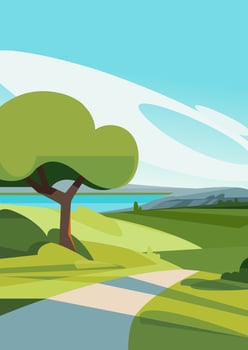 Summer landscape with road to the lake. Natural scenery in portrait format. vector